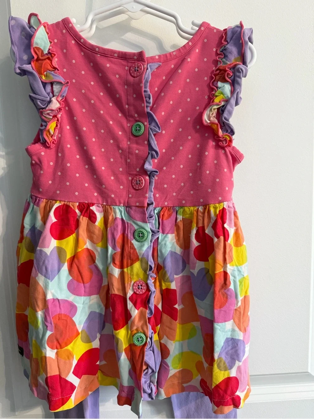 Matilda Jane Girls' Pink Heart-Print Ruffle Top with  Lavender Leggings